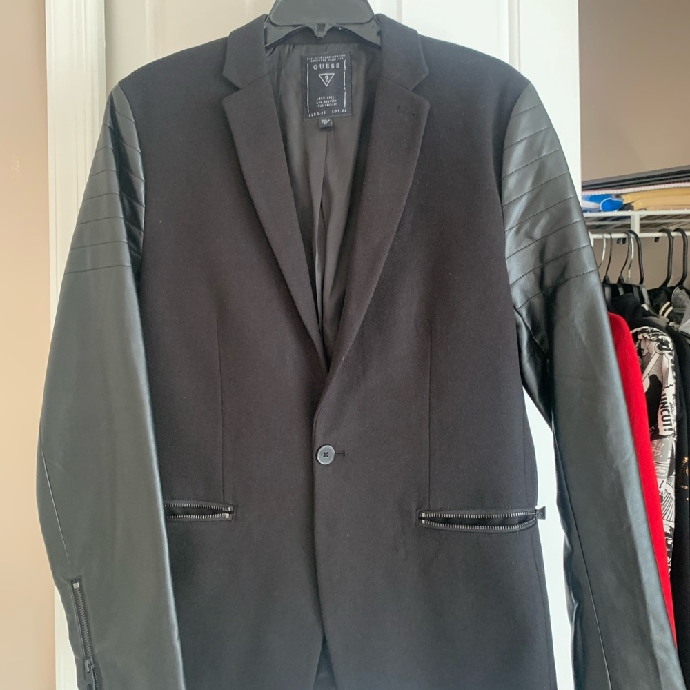 Guess Men's Black Blazer with Faux Leather Sleeves